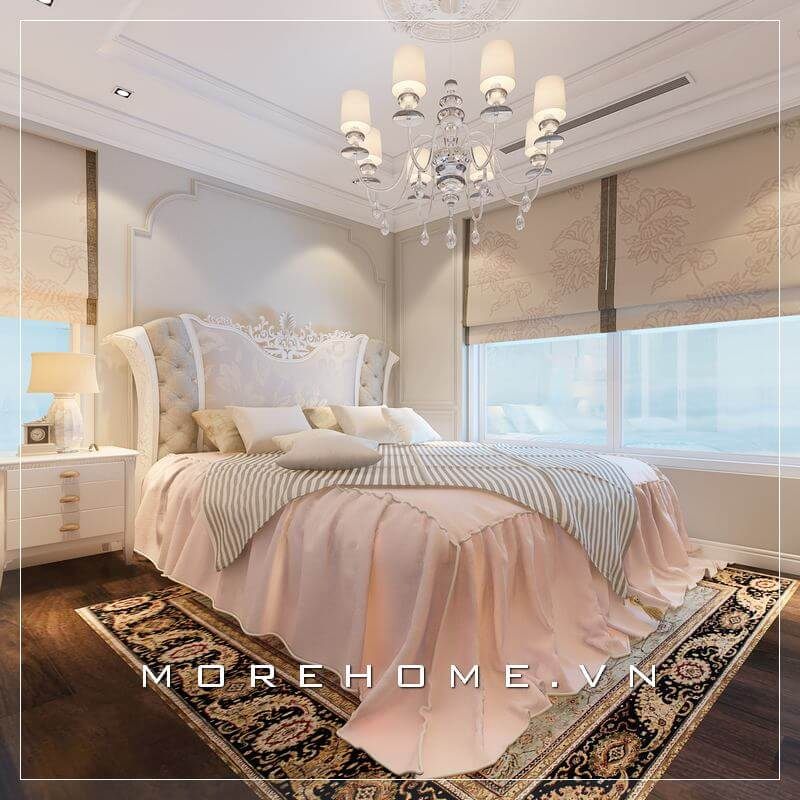 Mẫu giường ngủ gỗ tự nhiên cao cấp phun sơn trắng cao cấp kết hợp phần bọc nỉ màu kem đầy sành điệu, thanh thoát tạo nên cá tính riêng của gia chủ